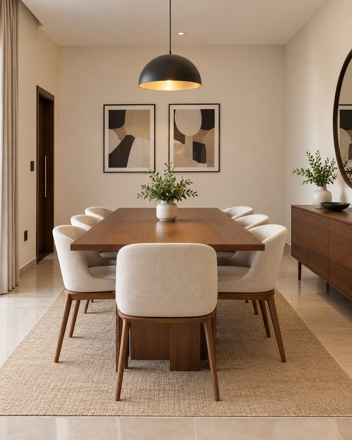 A serene dining space in pale wood, linen and soft daylight