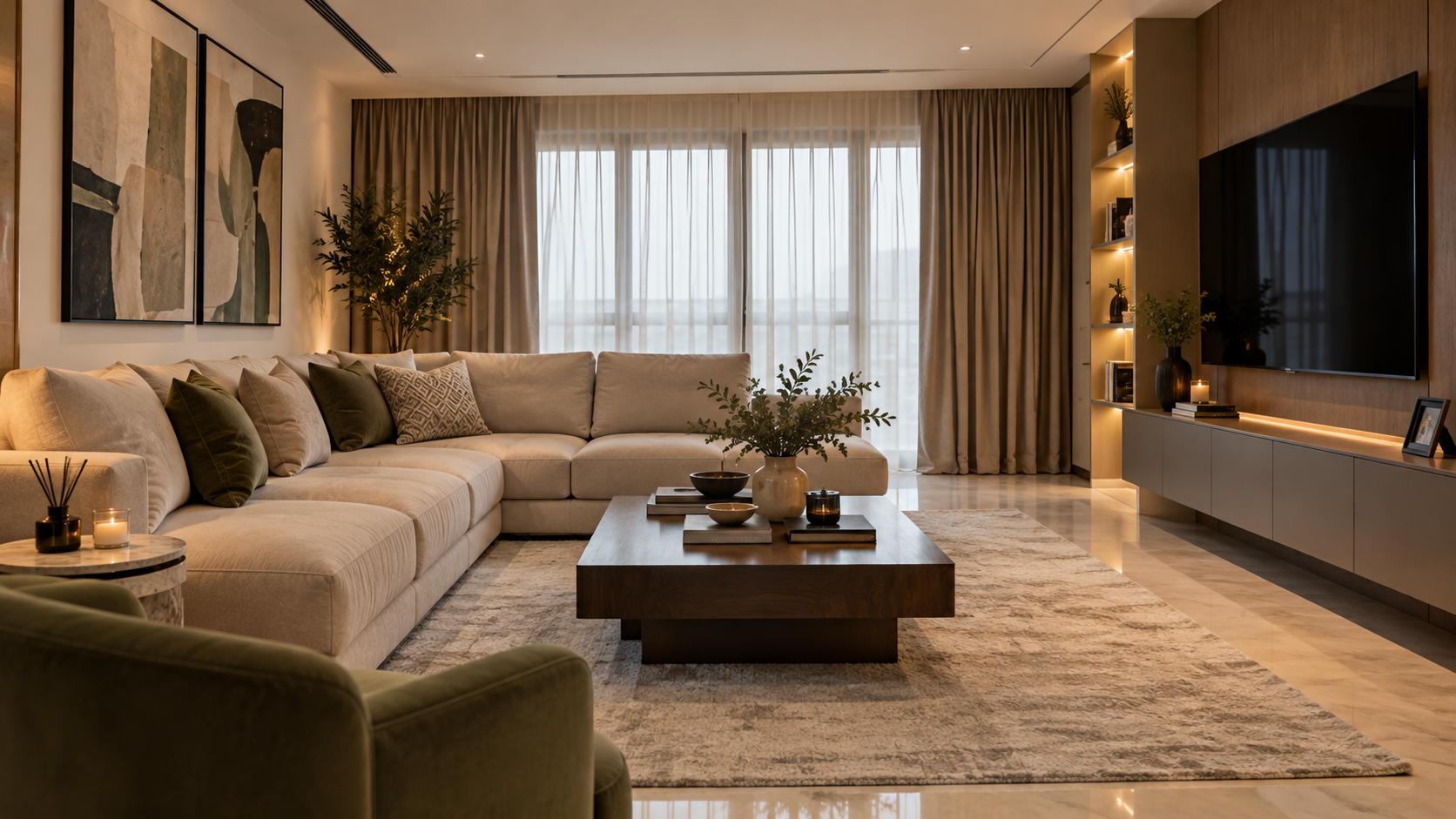 Warm living room with cream seating, olive accents and softly illuminated timber cabinetry