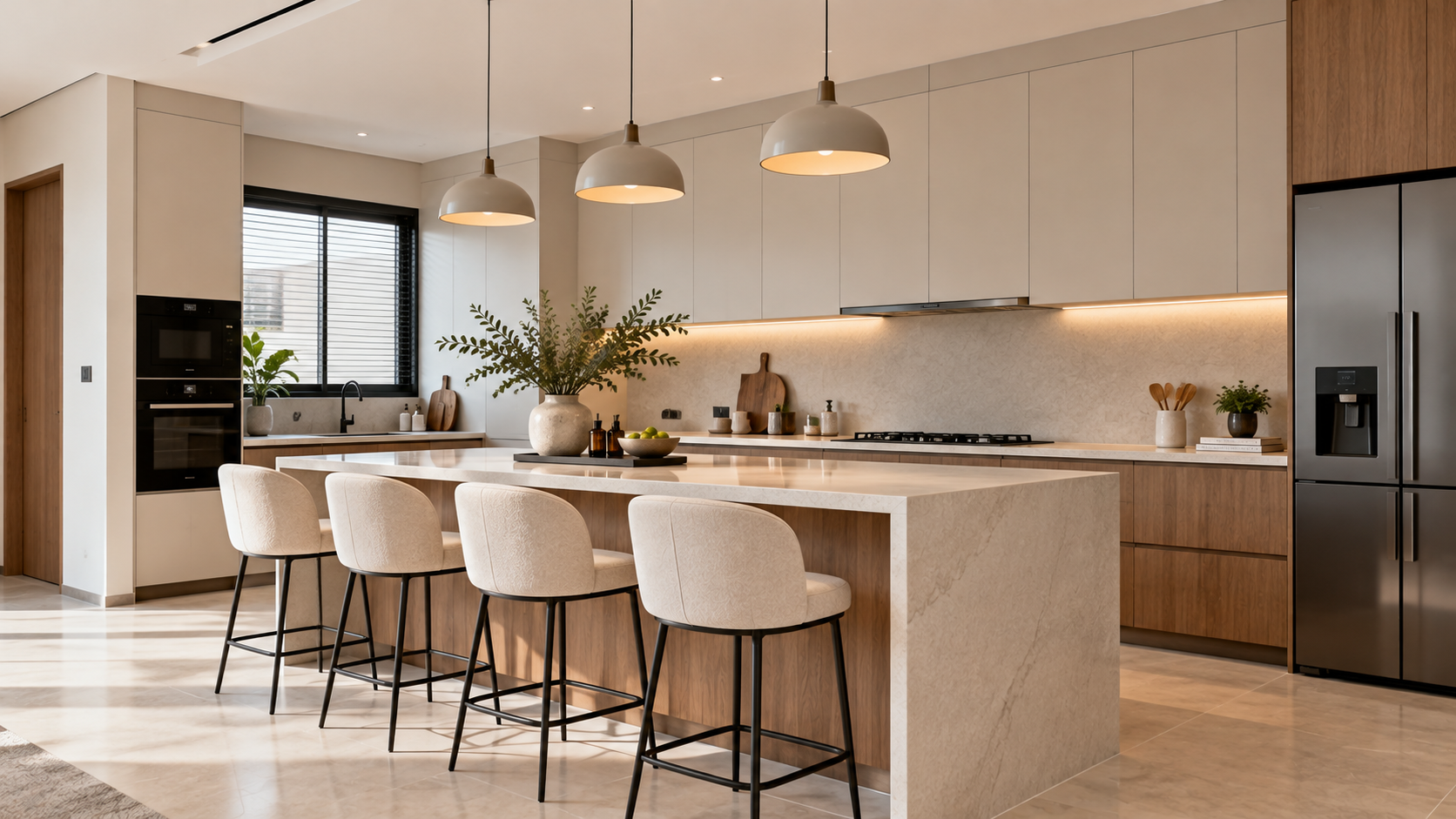 Kitchen in warm wood and stone