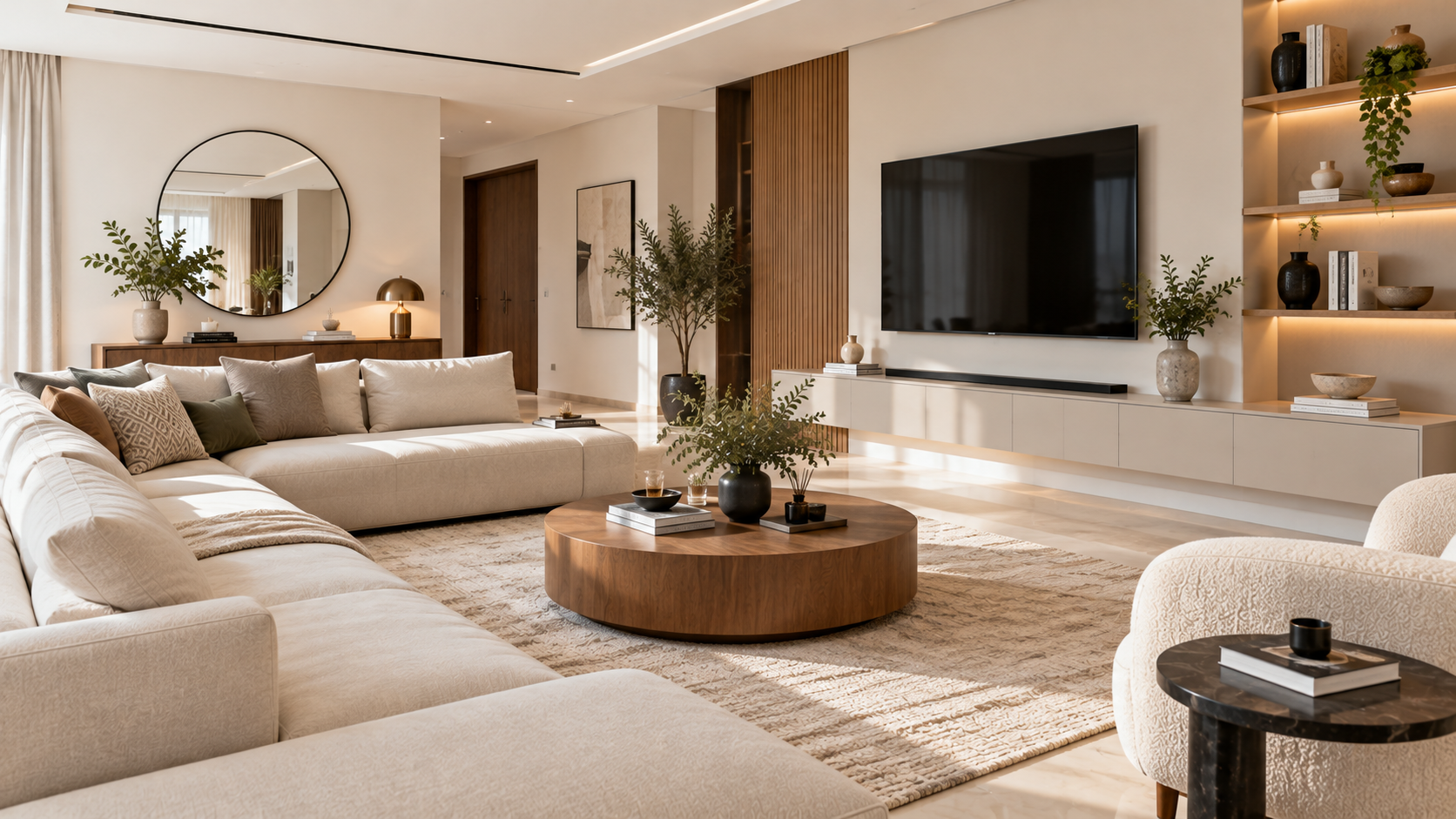 Sunlit living room with cream sectional seating, a round timber table and illuminated shelving