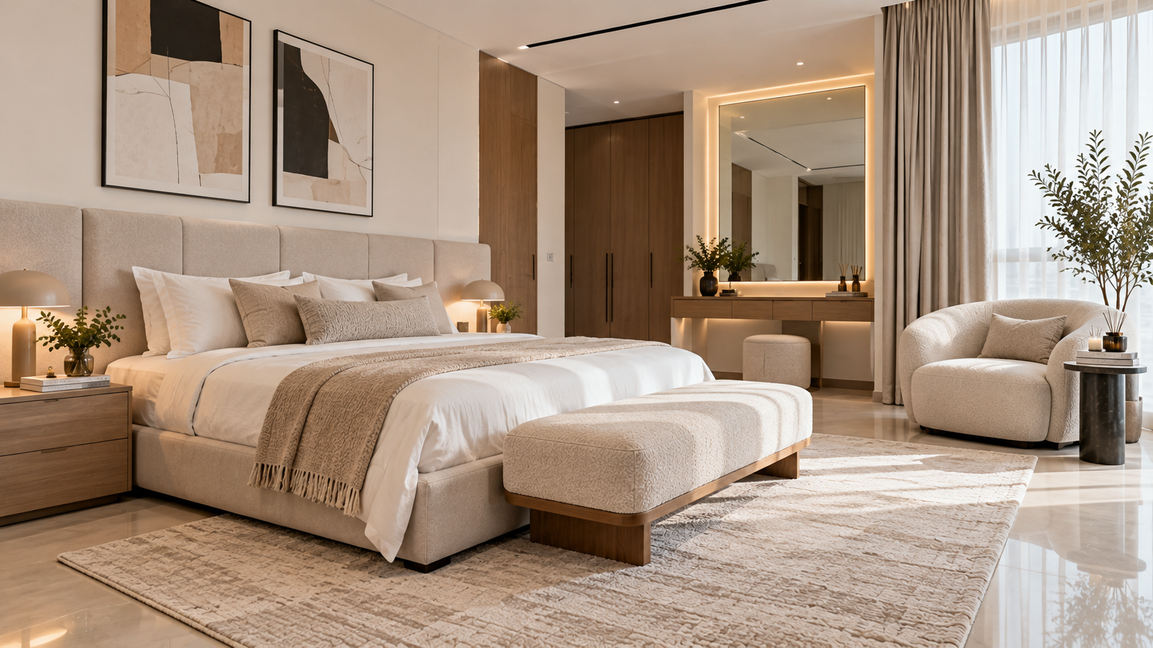 Warm neutral bedroom with layered linen, timber detailing and a sunlit seating area