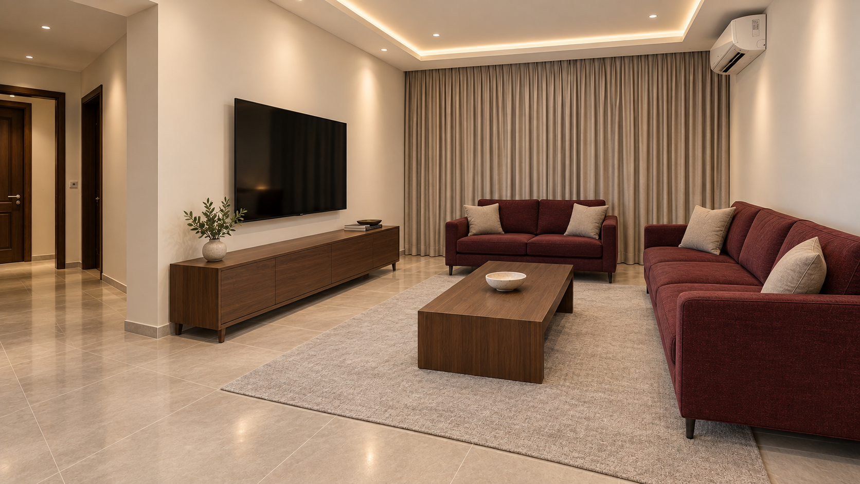 Family lounge in burgundy and walnut