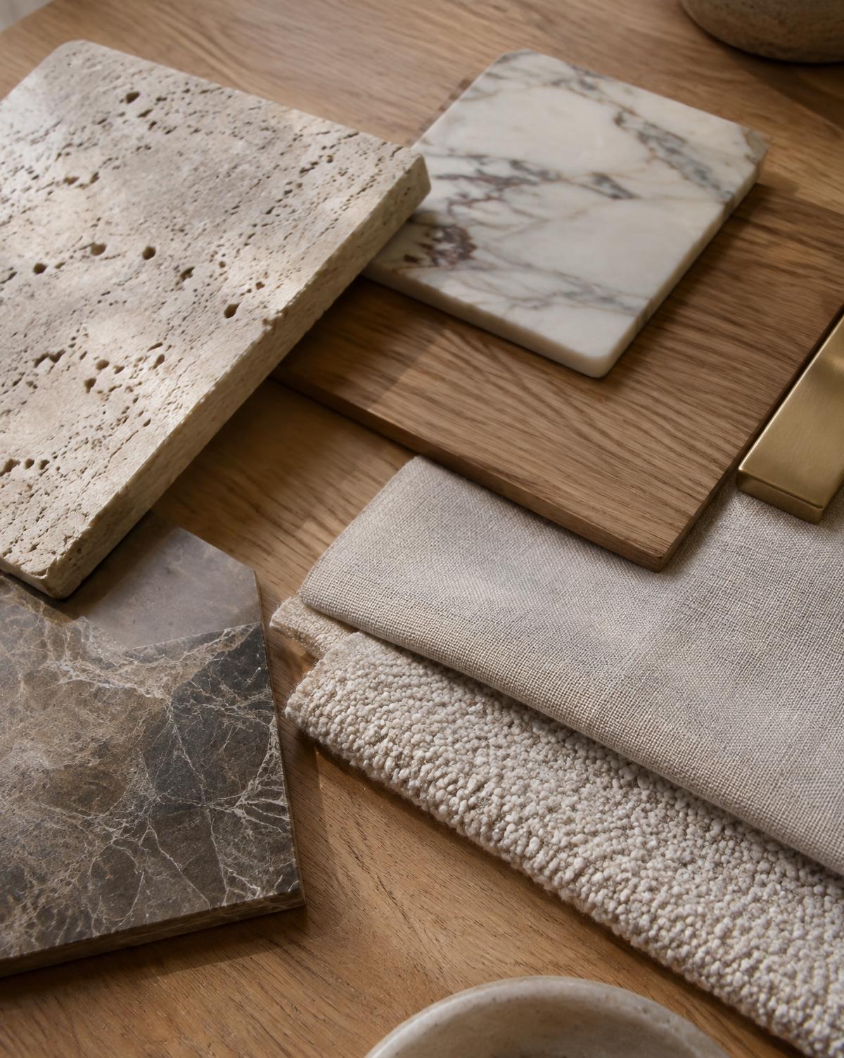Travertine, marble, oak and linen material samples